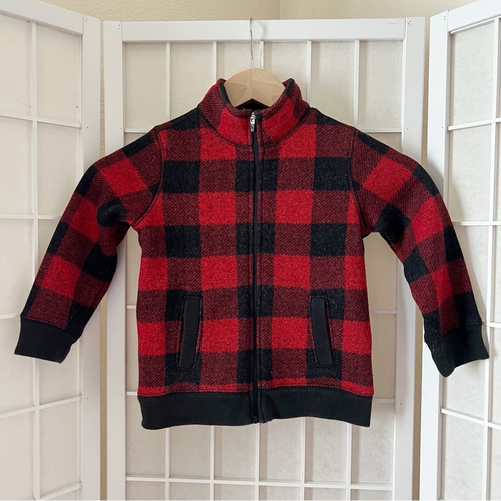 OshKosh B'Gosh Red Black Buffalo Check Plaid Full-Zip Sweater 4T